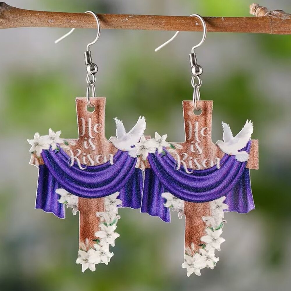 Religious Cross Earrings Doves & Lilies 'He Is Risen' Pendant Z166